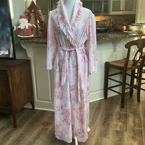 VTG 80s Pink Floral Lace House Robe Dress Cottage Granny Victorian Pockets SZ L